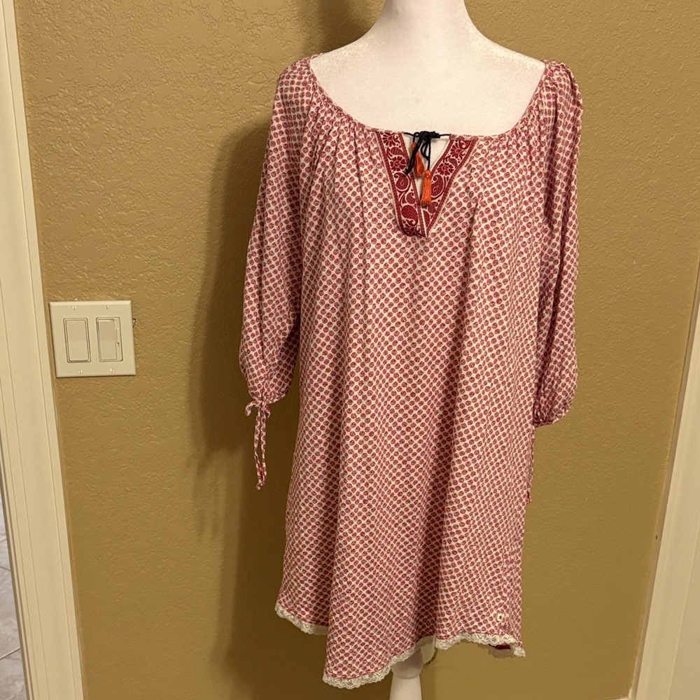 Lucky Brand Pink and White Paisley Peasant Dress, Size Large
